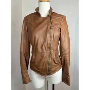MUUBAA Delaney Black 100% Lamb Leather Biker Jacket Women's Indus Cognac Size 4